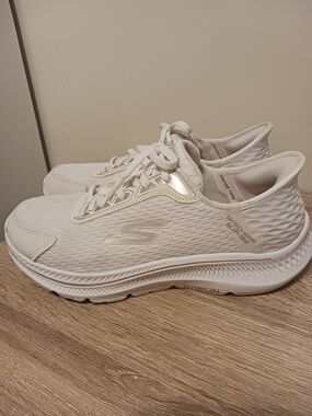 Skechers Women's White Slip-On Athletic Sneakers with Subtle Metallic Accents